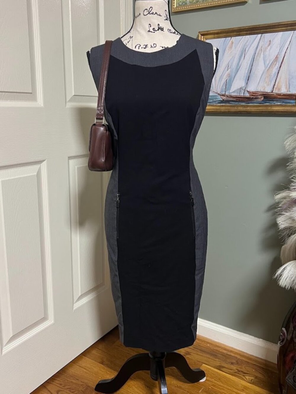 Calvin Klein SZ 12 Gray Black Work Dress Silver Zip Pockets Office Siren
